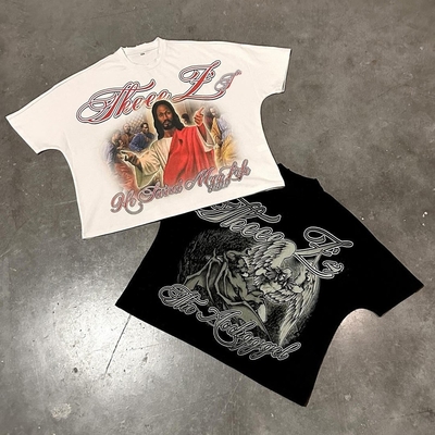 شراء قميص أسود مربع DTG طباعة شعار Hip Hop Streetwear قميص للرجال النساء في القطن الثقيل online manufacture