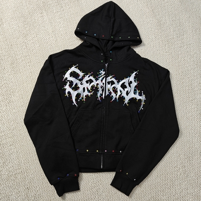 شراء Custom Distressed Embroidery Boxy Cropped Zipper Streetwear 400 gsm 600gsm Men Zip up Heavyweight Rhinestone Hoodie online manufacture