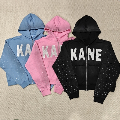 شراء Custom 2025 New Dirty Washed Mens hoodies Y2k Streetwear Vintage Distressed Applique Embroidery Rhinestone Zip up Hoodie online manufacture