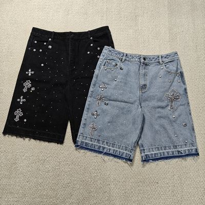 شراء Clothing Manufacturers Custom Streetwear Rhinestone Vintage Black Jeans Shorts Rhinestone Denim Shorts Jorts for Men online manufacture